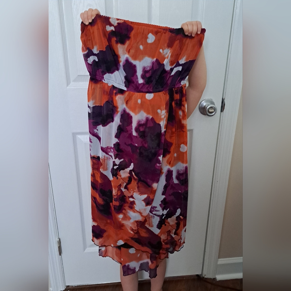 1X Plus Size Maurices Purple and Orange Strapless Dress